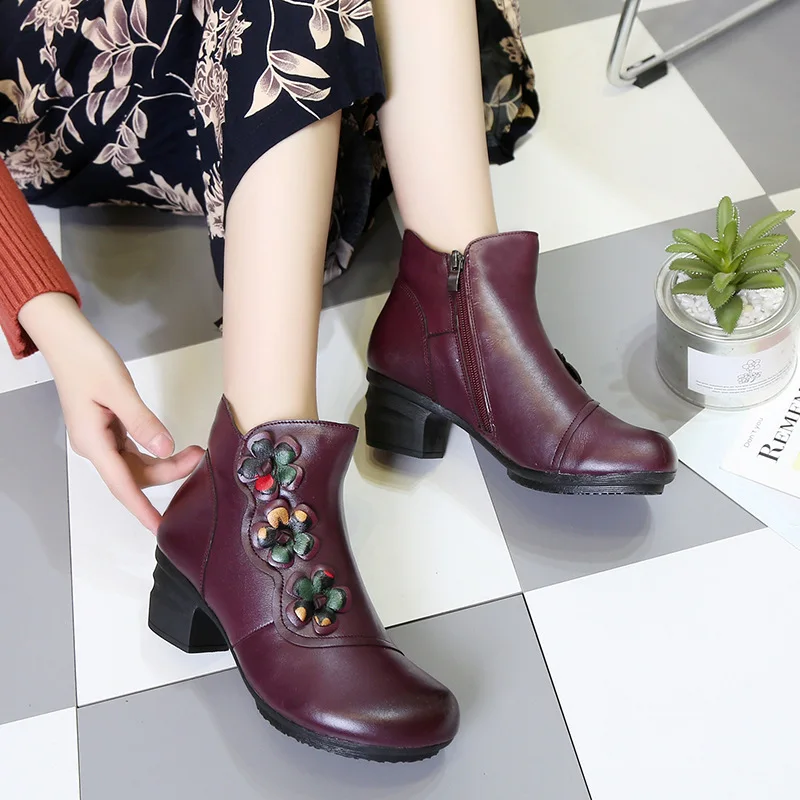 RUSHIMAN 2021 Autumn Winter new style leather boots women's boots round head mother's cotton shoes Martin RED boots size 35-41