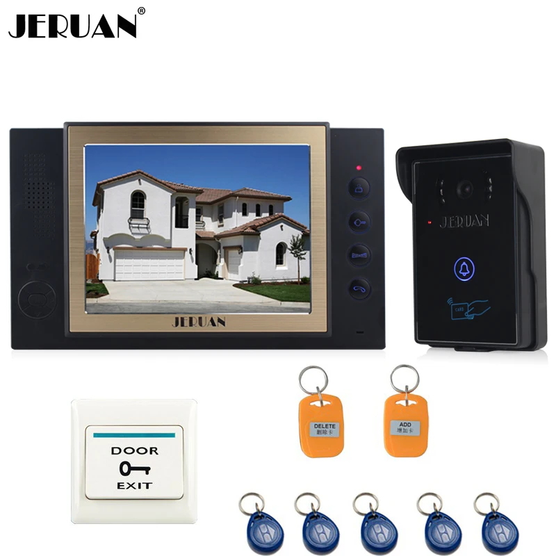 

JERUAN 8 inch TFT Screen video doorphone Record intercom system 700TVL RFID access waterproof Touch key Camera Tamper Alarm