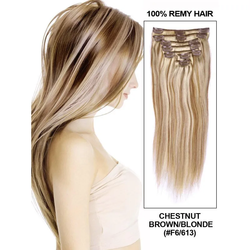 Ombre Hair Clips Straight,Hot Hair Color Chestnut Brown/Blonde 8 Pieces  Full Head Set Indian Remy Human Clips In Hair Extensions|123456789012345678901234567890123456789012345678901234|  - AliExpress