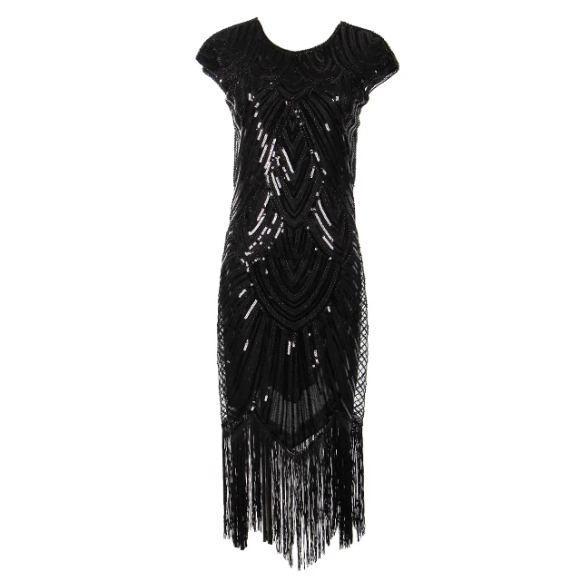 Женские винтажные вечерние платья в стиле Грейт Гэтсби, с v-образным вырезом, с рукавом, с блестками, с бахромой, миди, летние платья, декорированные в стиле арт-деко, 1920s - Цвет: Black