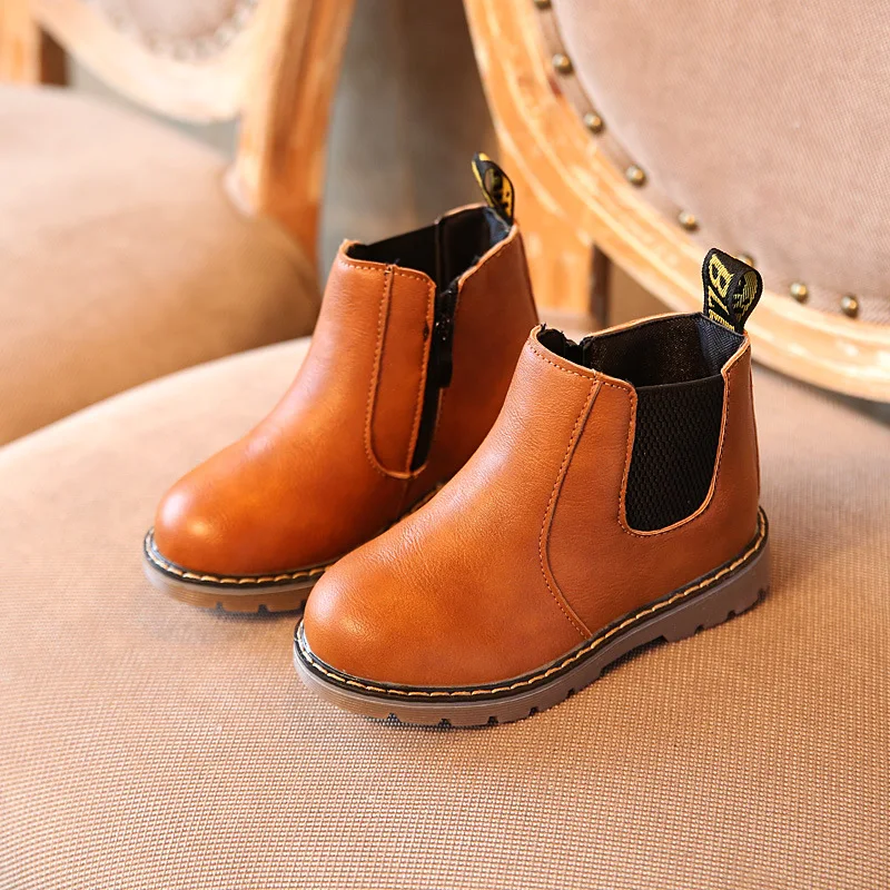 

AFDSWG spring and autumn leather black low heel kids booties gray boots for kids girls brown children leather boots waterproof