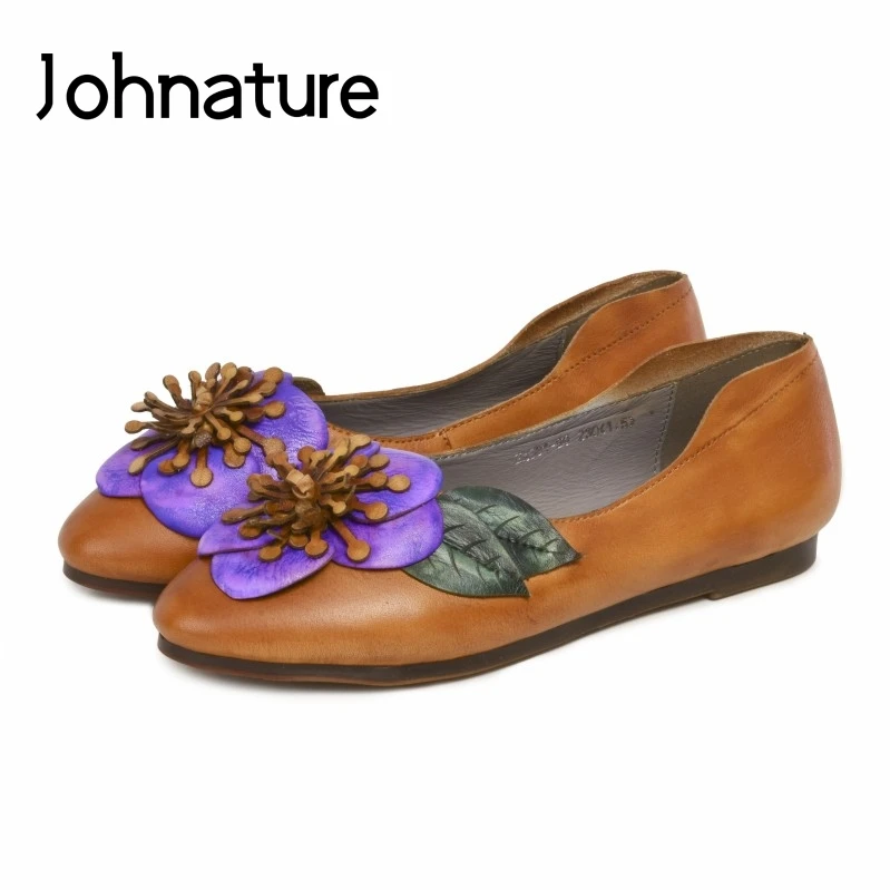 

Johnature 2019 New Spring/Autumn Genuine Leather Loafers Casual Retro Mixed Colors Pointed Toe Flower Slip-on Flats Women Shoes