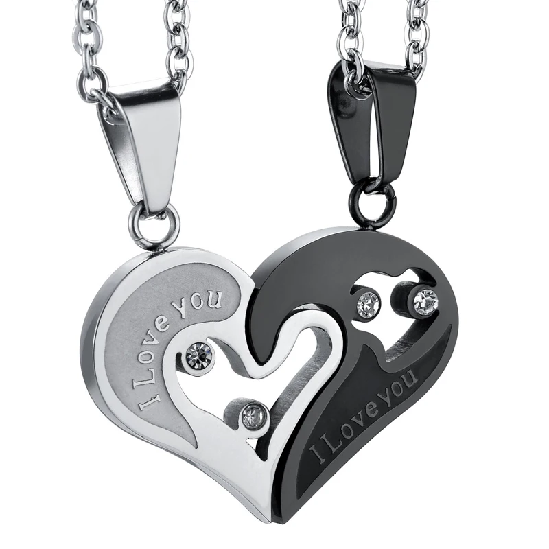 2PCS Bijoux Collier Pendentif Puzzle Coeur Separable Detachable Chat Acier Inoxydable Amitié Amoureux Couple avec 2 Chaines PiercingJ