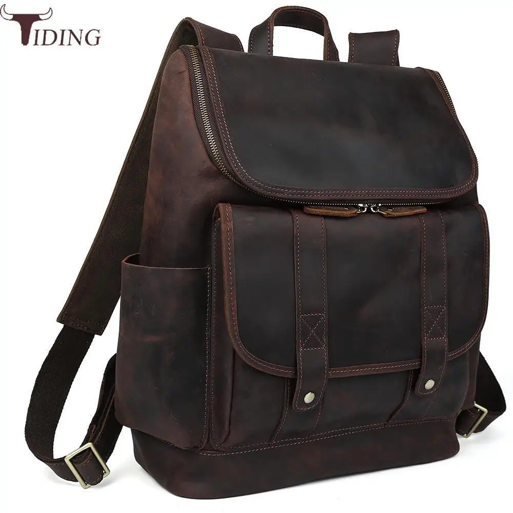 Tiding роскошный школьный рюкзак для ноутбука из коровьей кожи для мужчин, рюкзак в ретро стиле, одноцветная сумка для сна, темно-коричневые дорожные сумки
