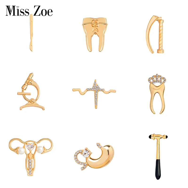 

Medical brooches Collection Crystal uterus microscope scalpel stomach ECG tooth pins Gold Silver jewelry for Doctor Nurse