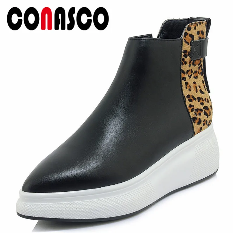 

CONASCO New Women Ankle Boots Genuine Leather Platforms Martin Shoes Woman Wedges Heels Pointed Toe Casual Shoes Short Boots
