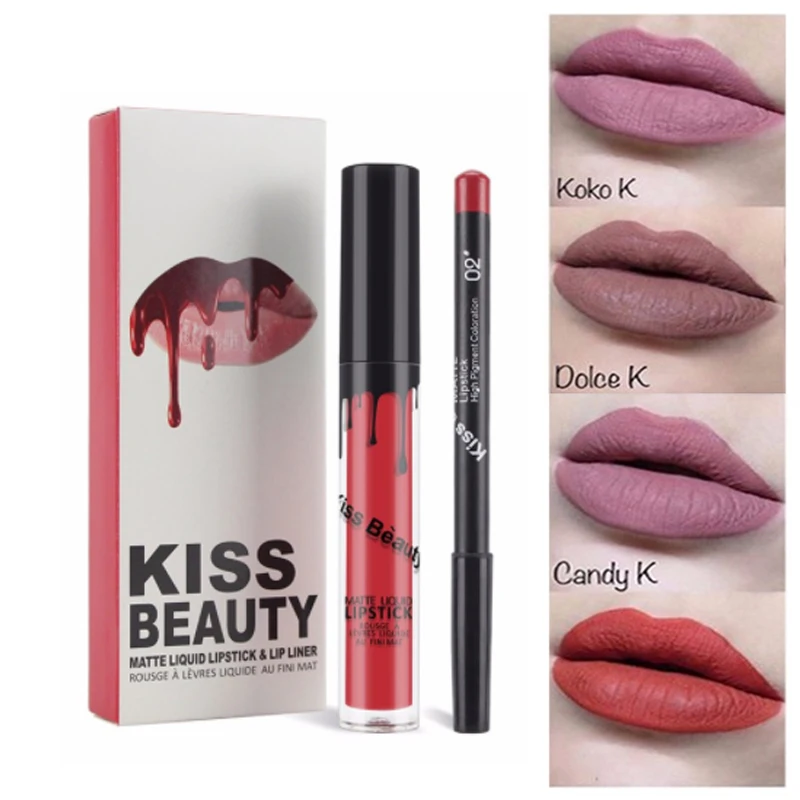 

2 Pcs/Set Lip Kit Matte Liquid Lipsticks Sets Long-Lasting Lip Gloss Waterproof Lip Liner Pencil Kiss Beauty Lips Makeup