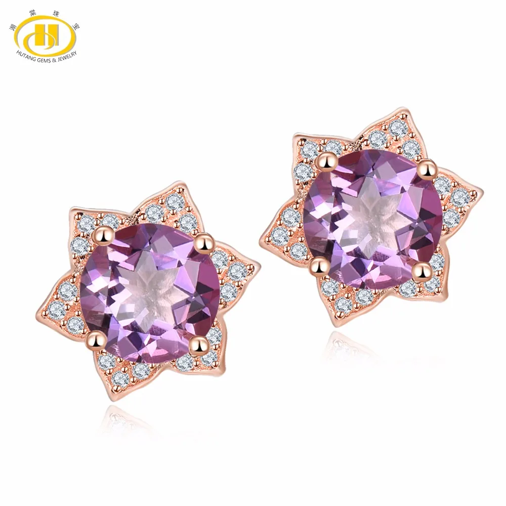 

Hutang Gemstone Fine Jewelry Rose Gold Plated Flower S925 Silver Natural Amethyst Ear Stud Earrrings for Women Wedding Gift New