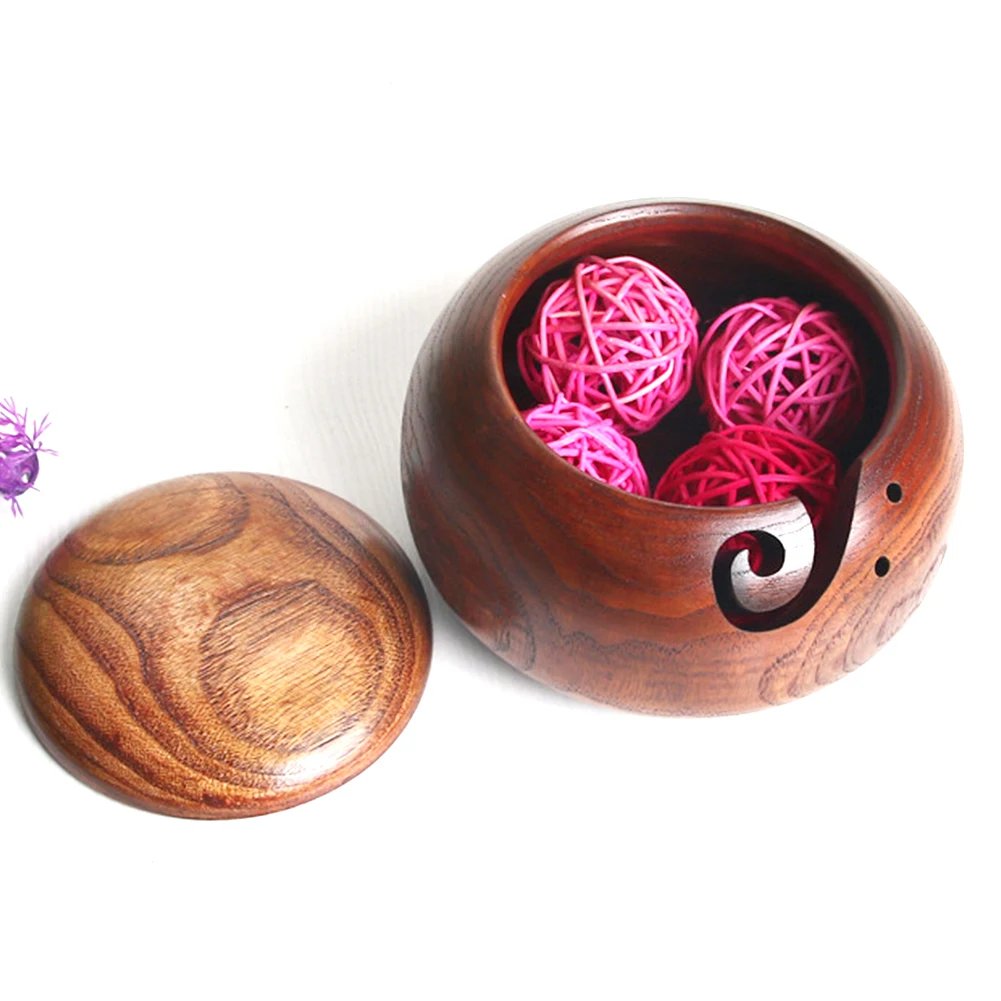 

Round With Lid Small Dustproof Smooth Grip Wooden Knitting Cover Easy Use Storage Yarn Bowl Portable Holder Home