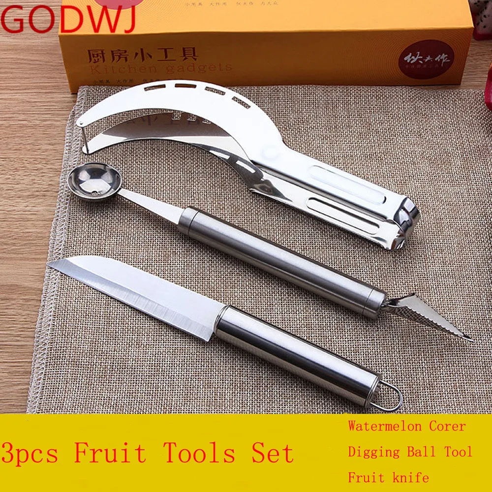 

GODWJ Stainless Steel 3pcs Fruit Tools Set Watermelon Corer Cutter Slicer Digging Ball Spoon Carving Fruit Knife Kitchen Gadgets