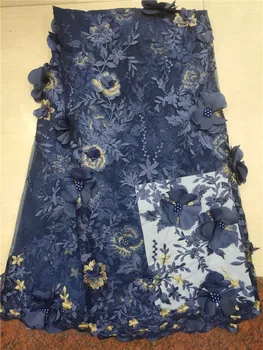 

Latest Dark blue color african lace fabric 2019 high quality african tulle lace fabric luxury design with full stones