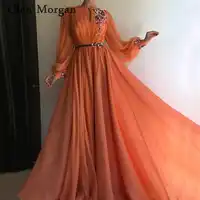 Korallen Arabisch Marokkanischen Abendkleider Party Elegant für Frauen Promi Langen Ärmeln Chiffon Dubai Caftans Formale Kleider 2019