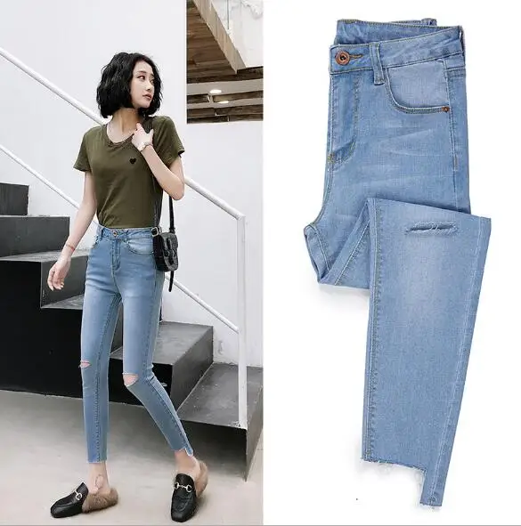 

Top-rated Fashion Denim Jeans Women High Waist Slim Stretch Ladies Casual Pencil Jeans Creative Irregular Leg Opening Hole Jean