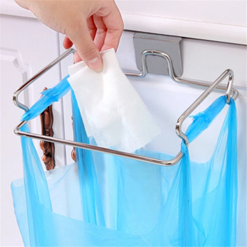 Kitchen Cupboard Back Trash Bag Rack Cabinet Door Garbage Bag Holder Hanging Kitchen Cabinet Hanging Trash Rack Kitchen Tools