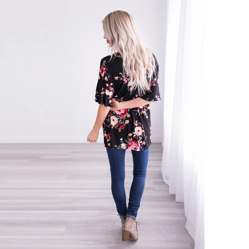 maternity blouse-maternity tops-maternity tshirt-red flower black back AS1752