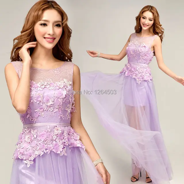 Hot Sweet Violet Boat Neck 2 In 1 High Low Chiffon Long Hot Sweet Violet Boat Neck 2 In 1 High Low Chiffon Long Bridesmaid Dresses