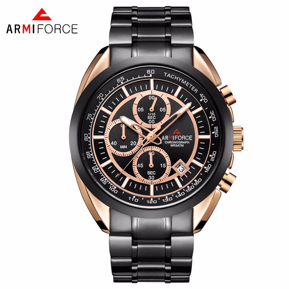 

ARMIFORCE 8009 Men's Chronograph Analog Quartz Watch with Date Waterproof Full Steel Strap Men Wristswatch for Male Clock 2018
