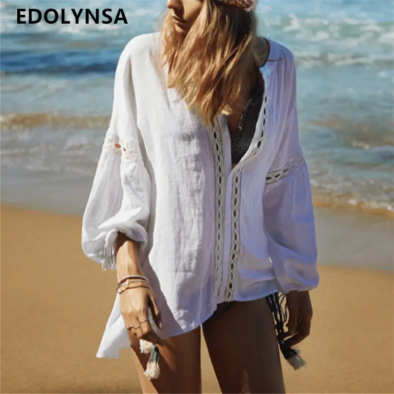 

Cotton Swimsuit Cover Up 2019 Summer Pareo Beach Cover Up Swimwear Women Bathing Suit Cover Up Cotton Kaftan Beach Wear #Q380