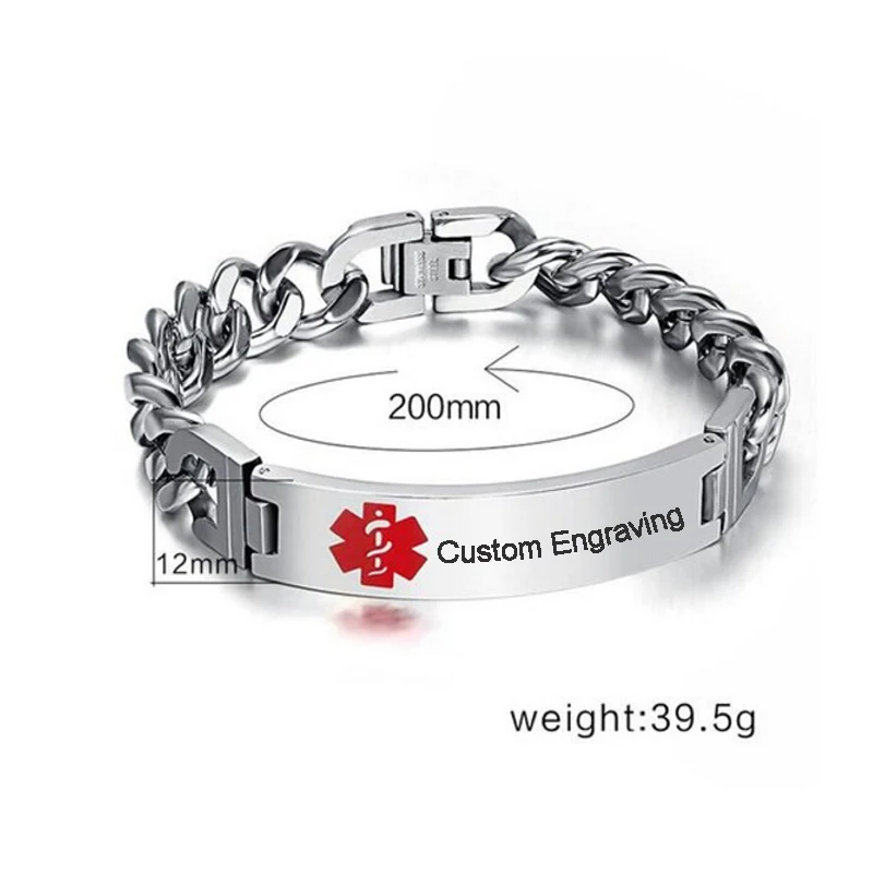 Medical Alert ID Link Chain Bracelet Jewelry Free Engraved Infomation Quality Men Bangle