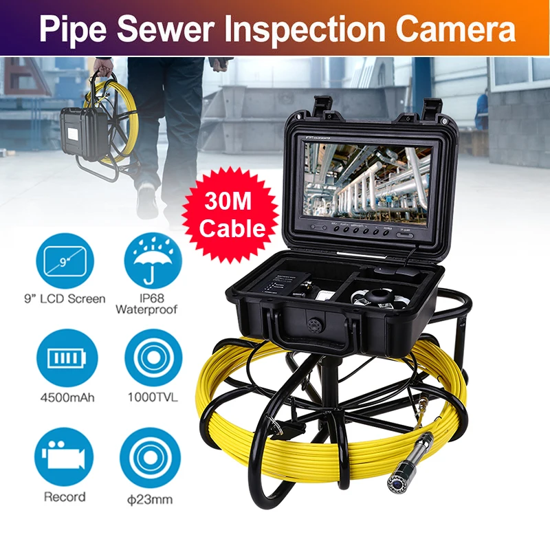

Eyoyo 30M Pie Pipeline Endoscope Inspection Video Camera Industrial Sewer Drain 12V 4500MA 9 Inch LCD 1000TVL
