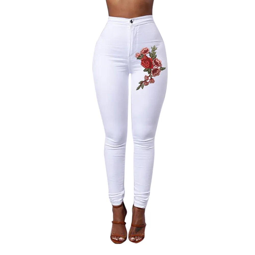 

Women Summer Pants 2019 new Stretch Jeans Female sexy Skinny Floral Applique Jeans High Waist Stretch Pencil Pants Y517