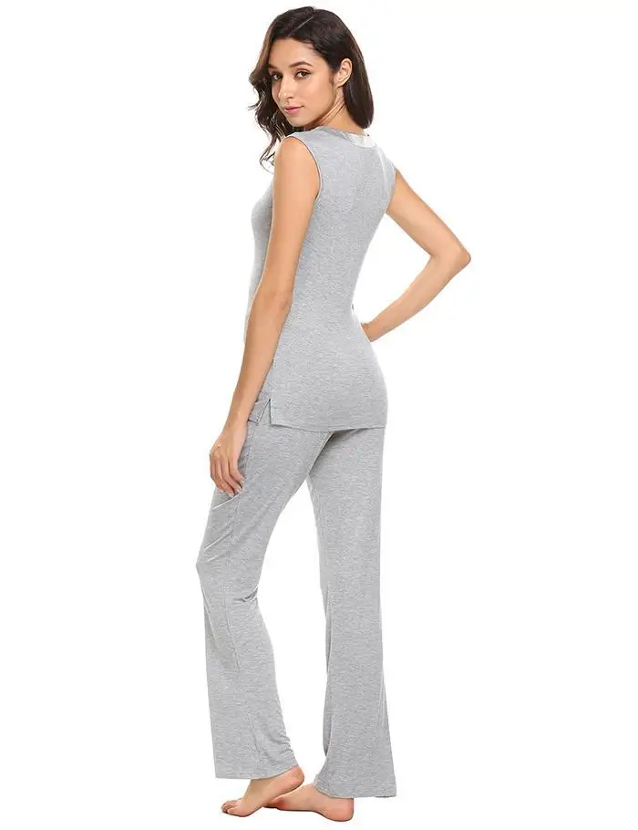 Ekouaer осень пижамы установить Для женщин уютное ночное белье эластичный сплошной v-образным вырезом без рукавов Топы Длинные штаны пижамные