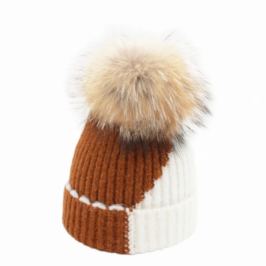 Новый Лоскутная Для женщин зимние съемным мехом лисы Pom pom вязаная Skullies шапочки шапки шерсть пушистая свернувшись меха Шапки