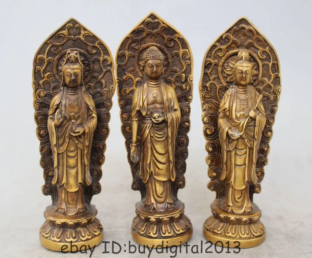 

DS 7"Tibet Bronze Three Western Saints buddha (Amitabha) Guan yin and Dashizhi SET