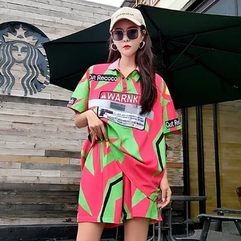 

Thailand tide brand summer new geometric pattern letter patch color matching short sleeve T suit loose street two-piece