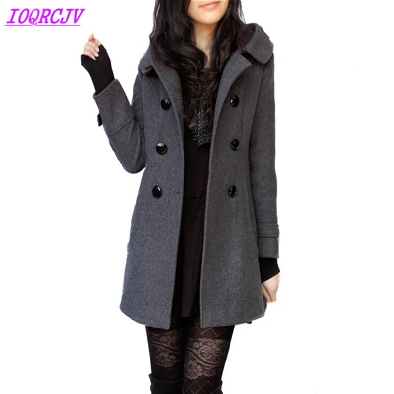 Шерстяное пальто для женщин на осень-зиму куртки с капюшоном Большие размеры плюс хлопок теплые шерстяное пальто Тонкий Женский топы ioqrcjv H466