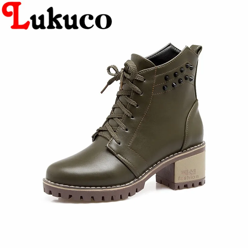 

Lukuco women ankle martin boots rivets and cross-tied design spring/autumn high quality PU made high hoof heel shoes