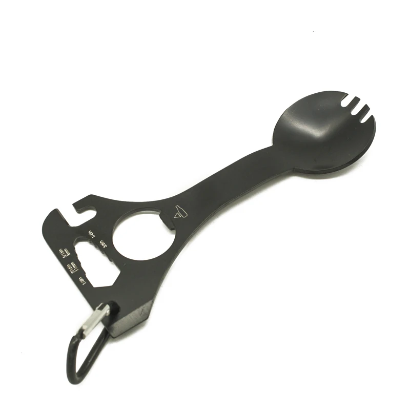Al aire libre de acero inoxidable de Multi función EDC llave hexagonal abrelatas de botella mosquetón cuchara tenedor Camping Picnic vajilla táctico Spork