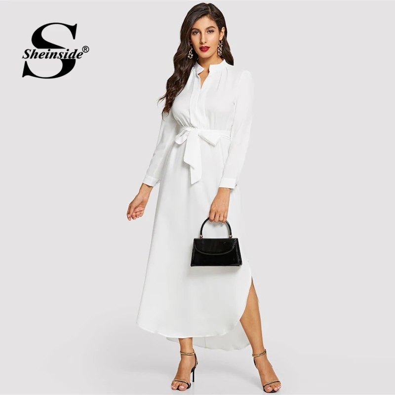 

Sheinside White Minimalist V Neck A Line Belted Longline Shirt Dress Women 2019 Spring Elegant High Waist Workwear Maxi Dresses