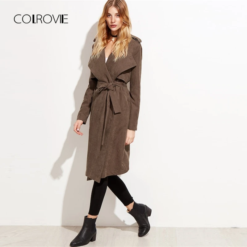 COLROVIE Brown Layered Waterfall Belted Elegant Winter Suede Long Trench Coat Women Clothes 2018 Autumn Wrap Outerwear & Coats