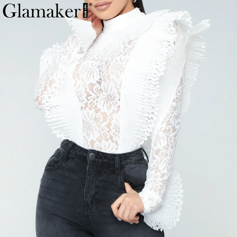 Glamaker Lace bodycon transparent mesh bodysuit Women ruffle long sleeve black bodysuit winter autumn sexy hollow out jumpsuit Glamaker Lace bodycon transparent mesh bodysuit Women ruffle long sleeve black bodysuit winter autumn sexy hollow out jumpsuit