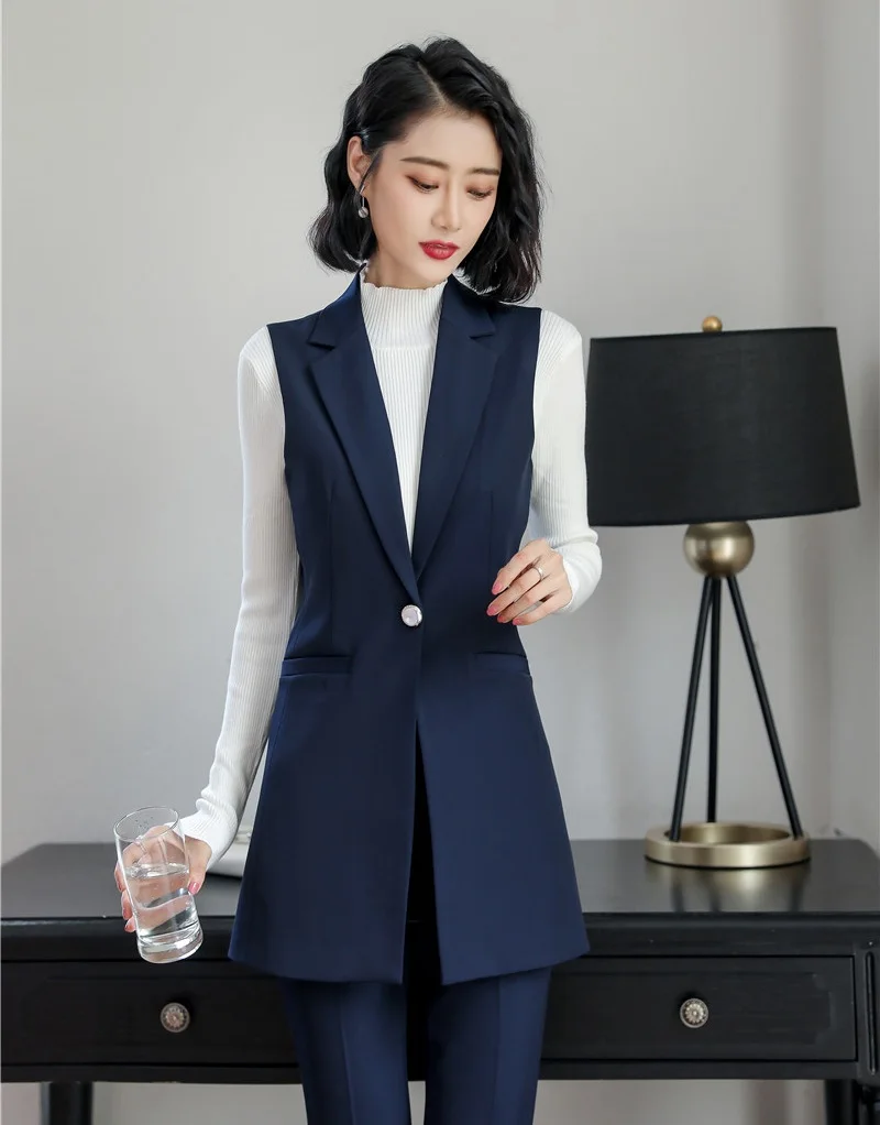 

Fashion Ladies Navy blue Vest Women Waistcoat Long Outerwear Coat Female Business Clothes Office Uniform Styles