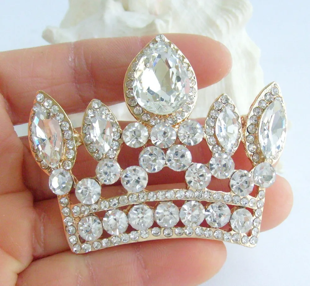 GoldTone Wedding Bridal Crown Brooch Pin Pendant Clear Austrian Crystal EE05050C8in Brooches