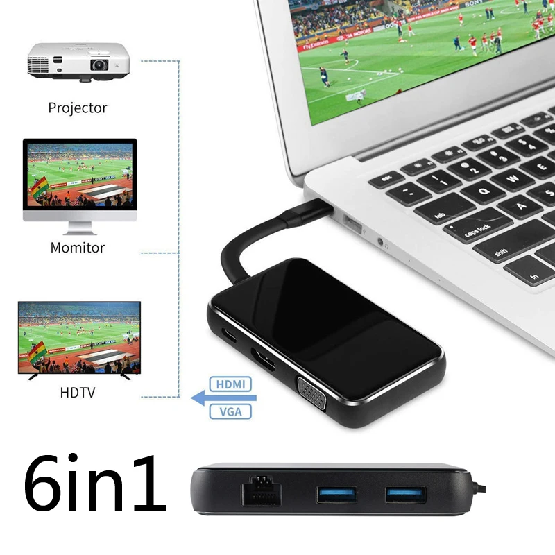 

Type C to HDMI 4K Video Adapter VGA Converter RJ45 Gigabit Ethernet Lan Cable USB 3.0 HUB For Macbook For Huawei P20 Samsung S9