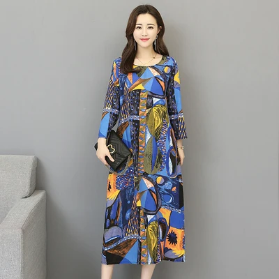 Новое летнее женское длинное платье свободного покроя с принтом граффити, женские макси платья из хлопка и льна, элегантные женские платья - Цвет: Blue