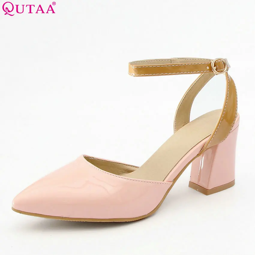 

QUTAA 2018 Women Pumps Square High Heel Women Shoes Platform Buckle Pointed Toe All Match Ladies Wedding Pumps Size 34-43