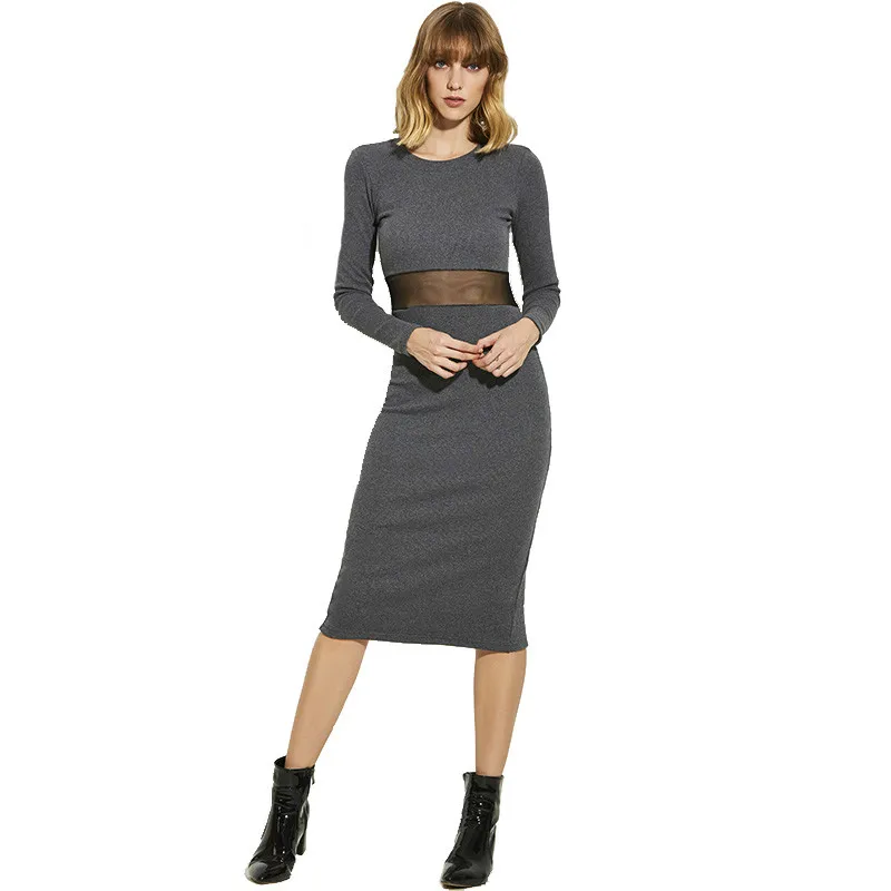 Sisjuly Women Autumn Dress Girls Red Long Sleeve O Neck Bodycon Female Mid Calf Solid Black
