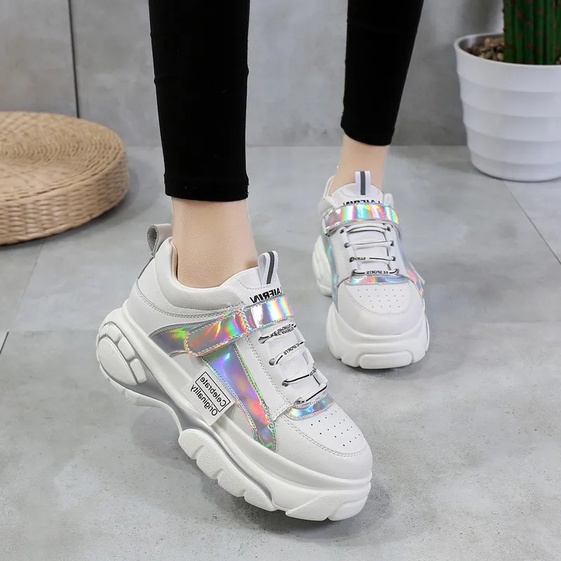 

2019 Spring laser Chunky Sneakers Women Thick Sole Leather Platform Shoes Harajuku Dad Shoes Fashion tenis female White Sneakers