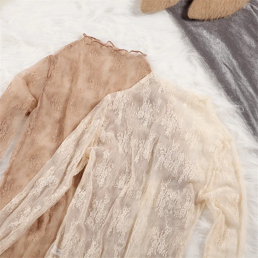 

Новая Универсальная Женская кружевная блузка большого размера на осень, Женские однотонные сетчатые рубашки, женские зимние топы с высоким воротником, пуловеры, низ WZ132