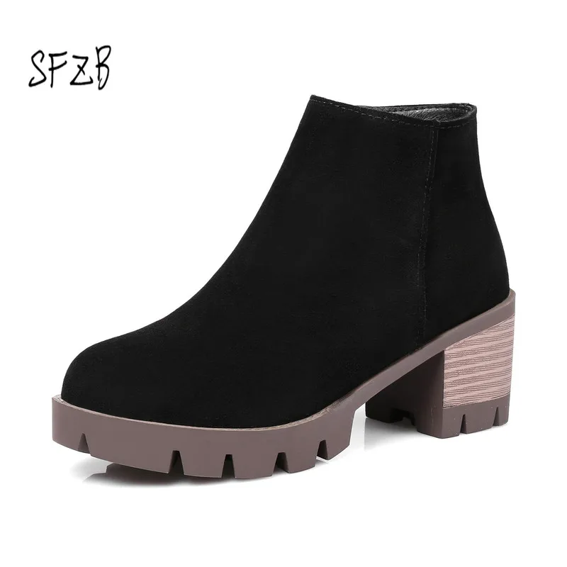 

SFZB Women Ankle Boots Zipper Design Fashion Square Heel Round Toe All Match Ladies black Boots Size 34-43