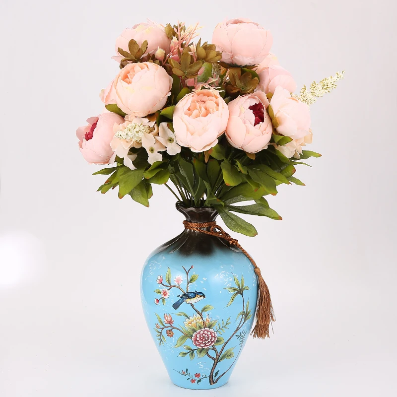 

Jar vases Bouquet Figurines Beautiful Ceramic Art Vase Artificial Flower Peony Rose vase Container Decoration