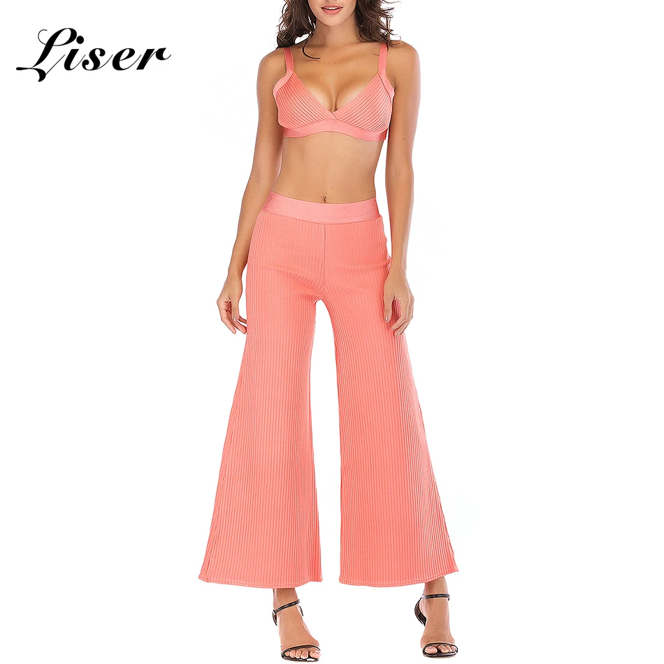 Dos As Bodycon Sexy Celebridad Mujeres Vendaje 2018 Pantalones Nuevo Piezas Partido Cuello Pierna Rosa Liser Pantalón Photo V Ancha Verano Elegante Vestidos De Yv1qWwP