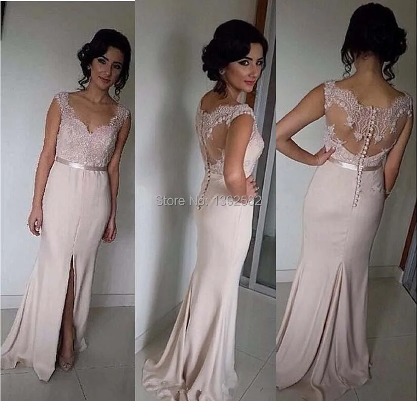 Arabian Prom Gowns 2015 Nude Pink V neck Sheath Chiffon Long Sexy