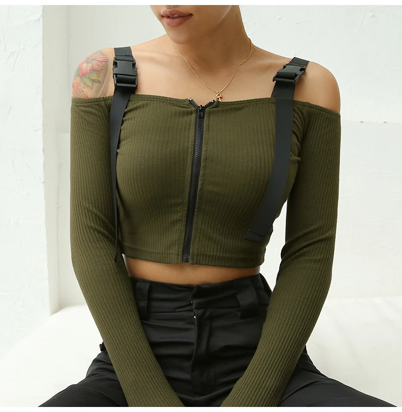 Women's Sexy Off Shoulder Zipper Tee Model Front Green 1