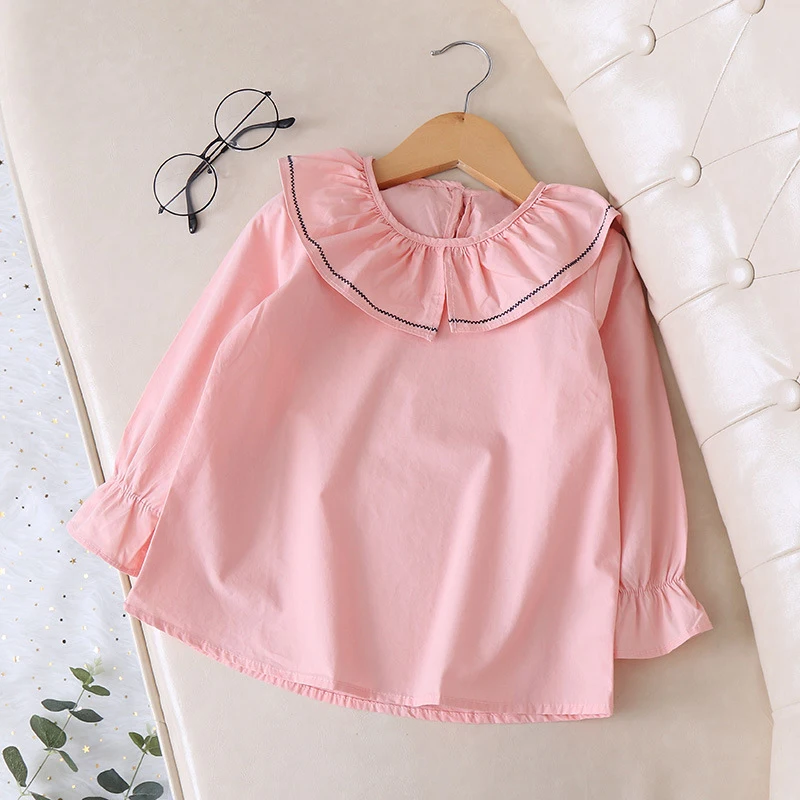 Babyinstar New Girls Blouse Solid Cotton Kid White Blouse Brief Design Baby Pink Blouse Long Sleeve Shirts For Girls