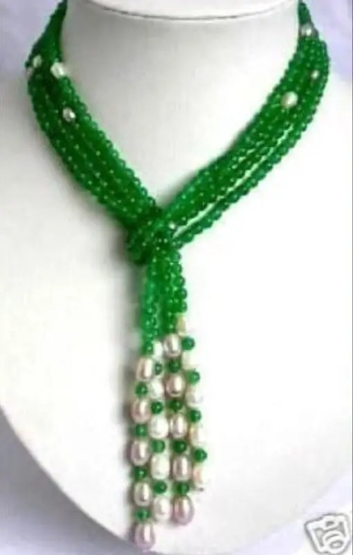 

Free shipping 6mm Green jade & White Pearl scarf form necklace 50" &aa **A good
